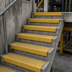GRP Stair Tread Covers installed on a staircase – Representative image (AI-generated)
